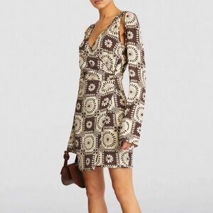 Nanushka Ira Ruched Wrap Mini Dress Brown Tile Print Crepe Viscose cutouts